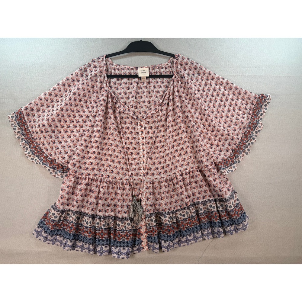 Knox Rose Floral Peplum Babydoll Top XXL Pink Blue Tassel Tie Butterfly Sleeve